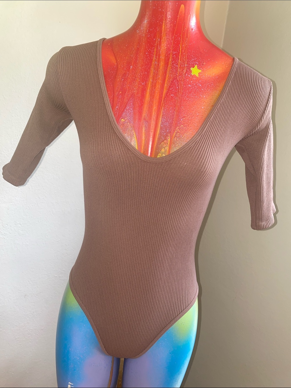 Zara Ribbed V-Neck Bodysuit in Brown